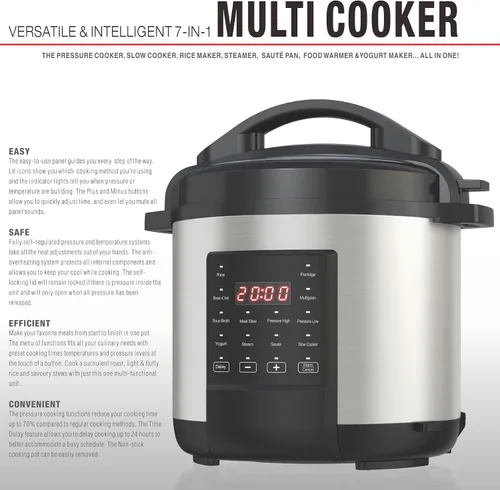Vista 5 de EMB Ironblade - Olla a presión programable 7 en 1, 6 litros, acero inoxidable de 1000 W, olla de cocción lenta, arrocera, vaporera, sartén