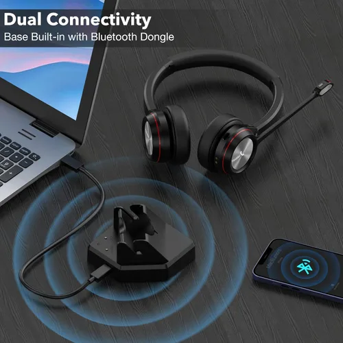 Vista 2 de Auriculares inalámbricos con micrófono para PC, auriculares Bluetooth con silencio de micrófono y soporte de carga, auriculares de trabajo