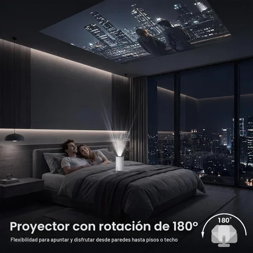 Vista 7 de Mini proyector con WiFi y Bluetooth, proyector portátil 1080P, Keystone automático, rotación de 210°, proyector inteligente con aplicación integrada
