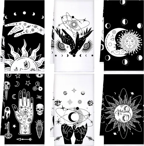 Vista 21 de Bencailor - 6 toallas de cocina góticas espeluznantes con tarot, toallas de mano, luna, sol, bruja, té, para fiestas de terror, regalos de baño