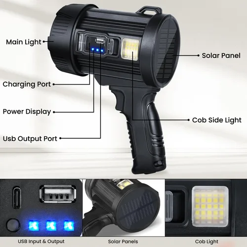 Vista 8 de Foco recargable, 2000000 LM, luz LED súper brillante, linterna LED, proyector de alta potencia, reflector grande al aire libre con paneles solares