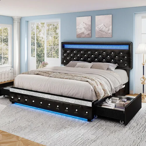 Vista 11 de Torana Marco de cama LED completo con cabecero y cajones ajustables, terciopelo crema Beige