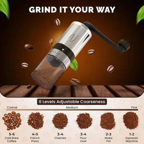 Vista 3 de Molinillo de café manual – Molinillo manual de grano de café con manivela, 6 ajustes de molienda para expreso, prensa francesa y vertido – Molinillo