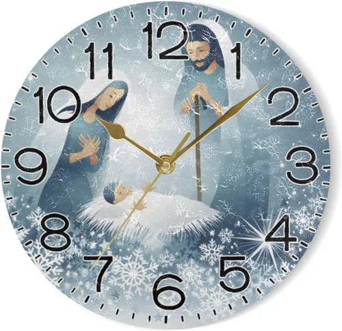 Vista 7 de Holy Family Nativity - Reloj de pared religioso de Navidad, funciona con pilas, sin tictac, silencioso, de cuarzo, analógico, rústico, rústico