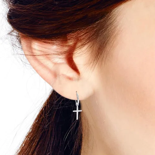 Vista 5 de AeraVida Pendientes de aro de plata de ley con cruz religiosa esencial, Metal
