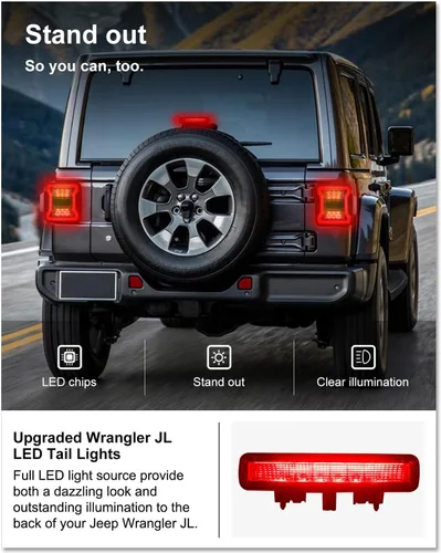 Vista 3 de Kiwi Master Tercera luz de freno LED para Jeep Wrangler JL/4xe 2018-2026 Accesorios Tercera luz de freno de montaje alto