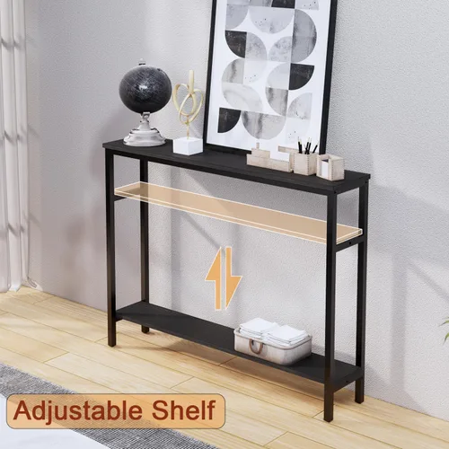Vista 4 de Timberer Mesa consola estrecha, mesa de sofá de 39.4 pulgadas con estante ajustable, mesa delgada de 2 niveles para pasillo, entrada, sala de estar