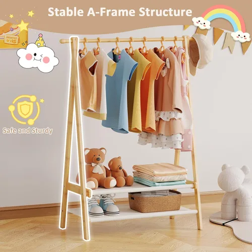 Vista 7 de Perchero de ropa para niños con 2 estantes de tela, soporte plegable para ropa infantil con barra para colgar, organizador de disfraces pequeño