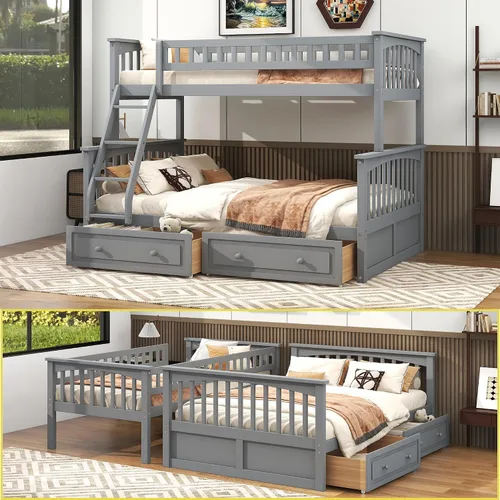 Vista 17 de Merax Litera individual sobre matrimonial con dos cajones de almacenamiento, litera convertible que se puede convertir en dos sofás cama (expresso)