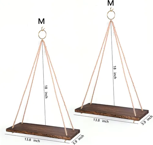 Vista 3 de Juego de 2 estantes colgantes de pared, estilo bohemio, triangular, acabado de madera, montaje en pared, 2 estantes, sala de estar, dormitorio