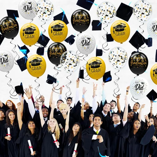 Vista 5 de Paquete de 78 globos de graduación 2026, decoraciones de graduación, globos de graduación de 12 pulgadas de oro negro con cintas para decoraciones
