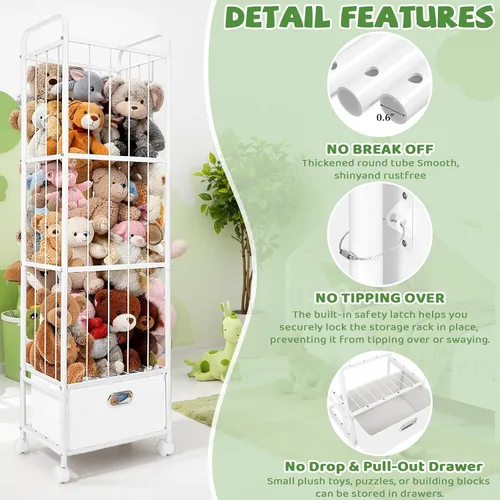 Vista 4 de Almacenamiento para Animales de Peluche, Soporte de Animales de Peluche de Metal con Cajón de Tela y Ruedas Organizador Vertical Alto de Juguetes