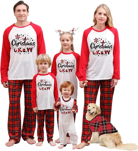 Vista 14 de Awoscut - Conjunto de pijamas navideños a juego, con estampado en la parte superior y pantalones a cuadros #B-7