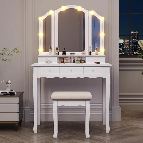 Vista 5 de Tiptiper Juego de mesa de tocador con espejo plegable triple iluminado, tocador de maquillaje con luces y 3 modos de iluminación