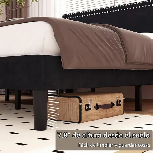 Vista 6 de Marco de cama de plataforma tamaño completo con cabecera tapizada ajustable, base de colchón moderna, soporte fuerte de listones de madera,