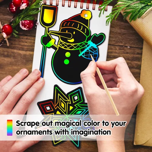 Vista 2 de Mocoosy 48 Piezas Adornos de Arte para Rascar de Navidad, Kit de Manualidades de Navidad a Granel para Rellenos de Calcetines de Niños, Tarjetas