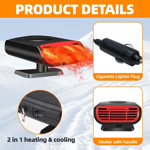Vista 3 de Calentador de Coche, Calentador de Coche Portátil de 12V 150W de Calentamiento Rápido y Descongelador, Calentador y Ventilador Frío 2 en 1 que se
