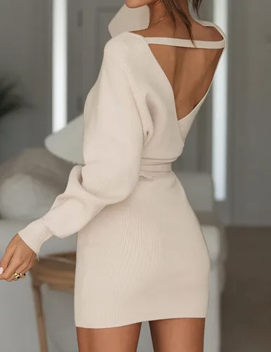 Vista 4 de ZESICA Vestido tipo suéter ajustado con cinturón para mujer, manga larga tipo murciélago, cuello en V, sin espalda, para otoño 2023