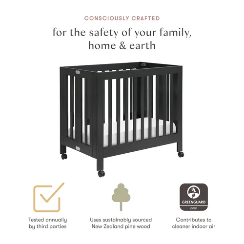 Vista 4 de Babyletto Origami Mini cuna plegable portátil con ruedas en negro, 2 posiciones de colchón ajustables, certificado Greenguard Gold