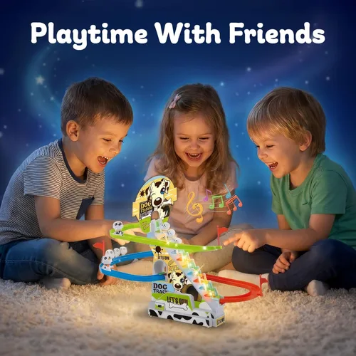 Vista 6 de Dalmatian Racer - Juguete deslizante para escaleras, pista de carreras de perros con luces LED y música para niños pequeños