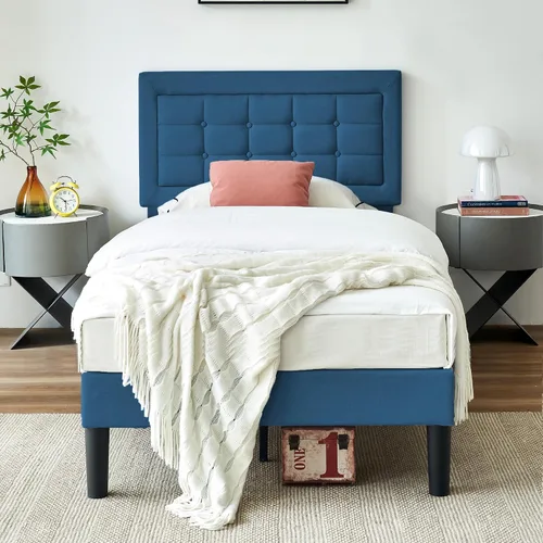 Vista 30 de VECELO Base de cama tamaño matrimonial, cabecera tapizada ajustable con botones, marco de cama resistente con soporte de listones de madera,