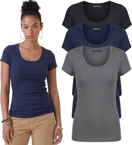Vista 11 de Emmalise - Camiseta de manga corta para mujer, cuello redondo, estilo básico, pack de valor, tallas junior y grandes