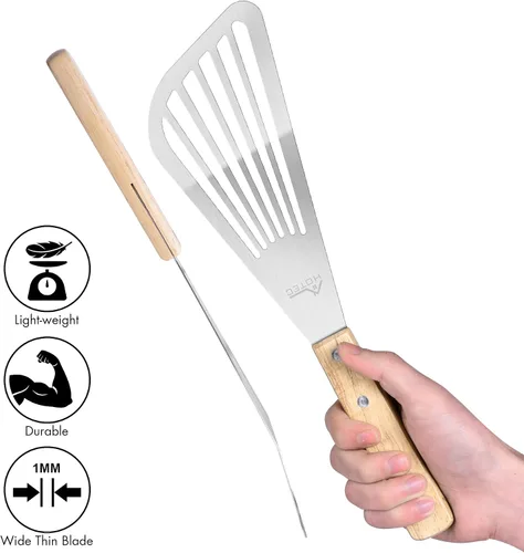 Vista 4 de HOTEC 2 piezas Espátula de pescado de acero inoxidable con mango de madera, espátula de metal para voltear alimentos