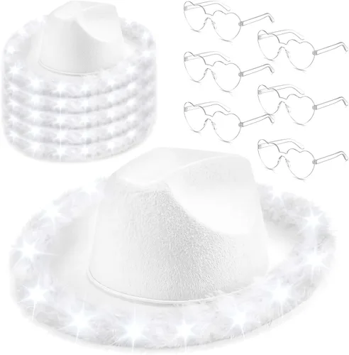 Vista 10 de Zhanmai 6 Pcs Cowgirl Light up Hat with Feather and Heart Sunglasses Negro
