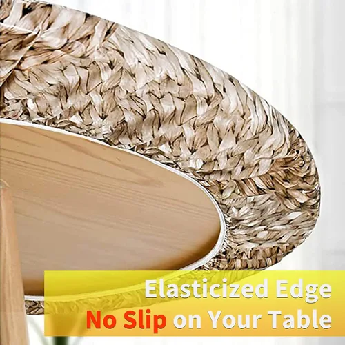Vista 4 de Mantel redondo de vinilo de plástico ajustable con parte trasera de franela y borde elástico, protector de mesa impermeable para mesa de comedor