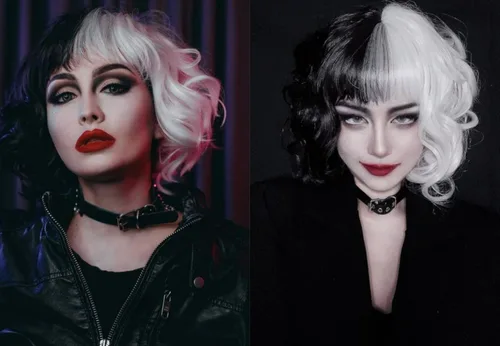 Vista 4 de NICAT - Peluca de Cruella de Vil para mujeres disfraces para hacer cosplay con máscara del futuro peluca con una mitad blanca y la otra negra