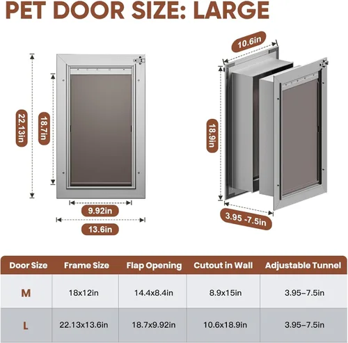 Vista 4 de Puerta de perro grande aislada con 3 solapas para pared, mascotas de hasta 110 libras Rust Proof Aluminum Doggy Door, Heavy Duty Pet Door with