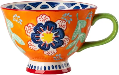 Vista 8 de Tazas de café de cerámica de gran capacidad pintadas a mano con patrón floral – Tazas jumbo, té, leche, cereales, taza de desayuno, juego de 4 – 14