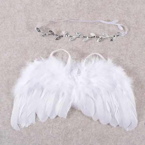 Vista 2 de Nishine Paquete de 2 alas de ángel de plumas blancas para recién nacidos, juego de diadema para bebé, cosplay, niñas, disfraz de fotografía