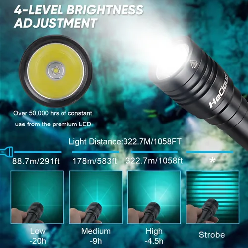 Vista 2 de Linterna de buceo de 3000LM con luz de buceo recargable, linterna subacuática de 328 pies IPX8 impermeable 4 modos de luz de seguridad con cargador