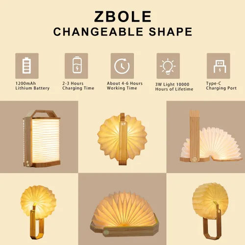 Vista 8 de Lámpara portátil de bambú - Linterna japonesa plegable con carga USB, pantalla de papel de fibra resistente a rasgaduras e impermeable, luz de viaje