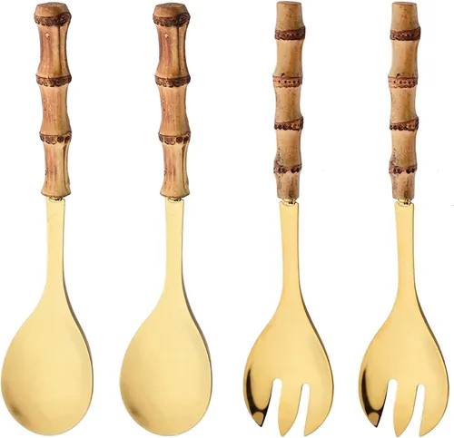 Vista 9 de Juego de 4 utensilios para servir con mango de bambú, acero inoxidable 304, cuchara larga Hanlde para cocina, bufé, banquete, boda, fiesta, cocina