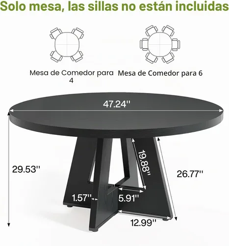 Vista 3 de LITTLE TREE Mesa de comedor redonda para 4-6 personas, mesa de comedor de 47 pulgadas con base de pedestal de madera, mesas de comedor negras, mesas