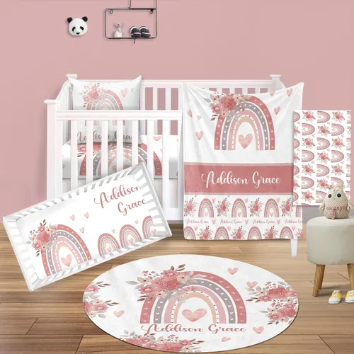 Vista 21 de Juego de ropa de cama para cuna de bebé, 5 piezas, diseño de bolas y arco iris, manta de bebé con nombre personalizado, sábana bajera para cuna
