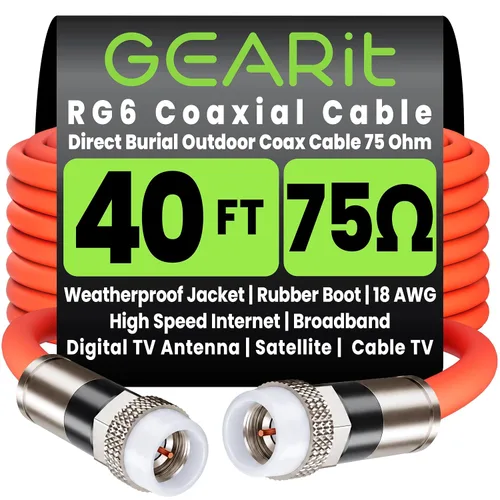 Vista 10 de GEARit Cable coaxial para enterramiento directo (15 pies) RG6 70 ohmios RF impermeable subterráneo en pared con protector de goma, Internet de alta