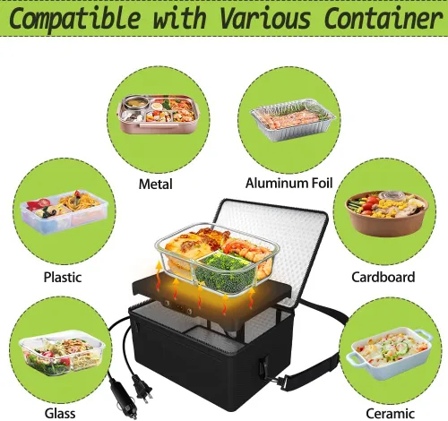 Vista 3 de Horno portátil, 12 V, 24 V, 110 V, calentador de alimentos para automóvil, portátil, mini horno personal, lonchera eléctrica con calefacción