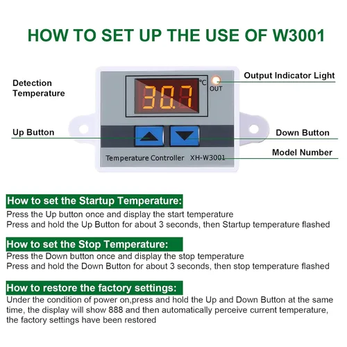 Vista 3 de XH-W3001 Módulo controlador de temperatura LED digital Interruptor de termostato digital con sonda impermeable Calefacción programable Enfriamiento