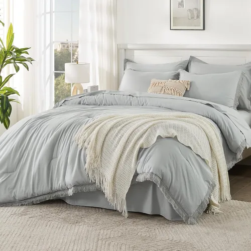 Vista 30 de Andency Juego de ropa de cama con edredón tamaño matrimonial beige con sábanas - 7 piezas, estilo bohemio con borlas, ropa de cama ligera en una 01
