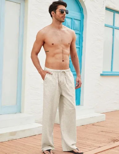 Vista 3 de COOFANDY Pantalones deportivos de lino, holgados, para hombre, ligeros, cintura elástica, para yoga y playa