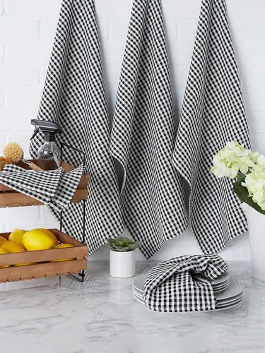 Vista 2 de DII French Check Kitchen Collection - Juego de 6 paños decorativos de algodón de gran tamaño, color negro, 6 piezas