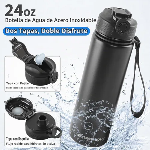 Vista 2 de BYLWORKOUT Botella de agua aislada de 24 onzas con pajilla, 2 tapas, a