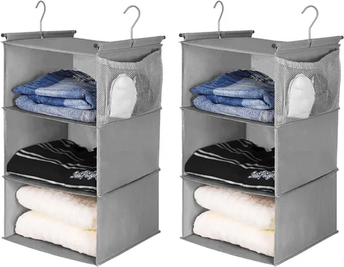 Vista 7 de MAX Houser Organizador de armario colgante de 3 estantes con 2 velcros, beige Organizador de suéter colgante, estantes colgantes plegables