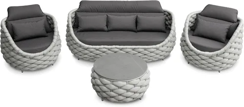 Vista 8 de Juego de muebles de patio de cuerda de 4 piezas: conjunto de sofás al aire libre de aluminio acolchado - sofá de conversación moderno ensamblado