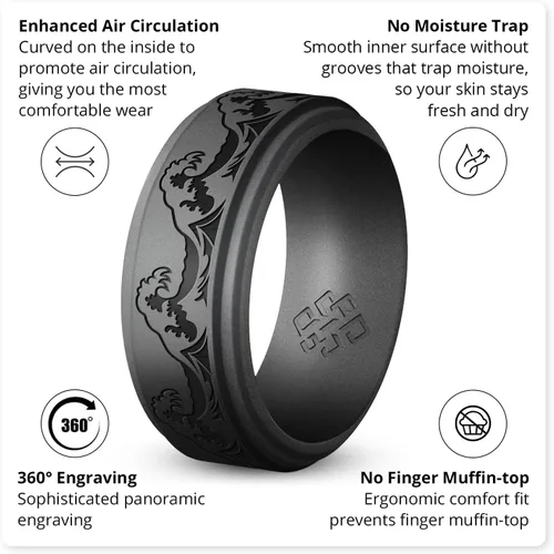 Vista 12 de Knot Theory Anillo de silicona para hombre, grabado de montaña, ondas, bosque, ancho de banda de 0.315 pulgadas, transpirable, ajuste cómodo
