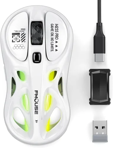 Vista 9 de FMOUSE Ratón inalámbrico para juegos, trimodo (2.4 G/Bluetooth/cableado), 4800 DPI, 1000 Hz ergonómico hueco RGB recargable tipo C para Gris