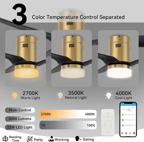 Vista 3 de SMAAIR Ventilador de techo inteligente negro de 52 pulgadas con luces y motor de CC de 10 velocidades con control remoto, control de aplicación